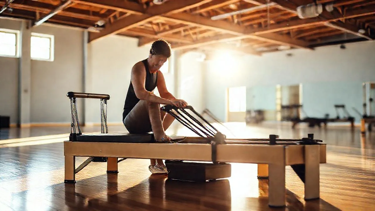 Pilates profesional examina reformer en estudio