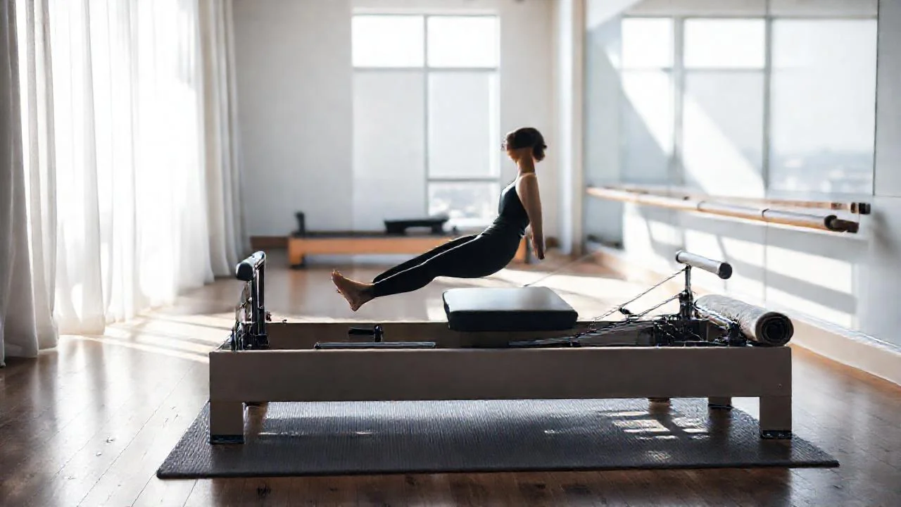 Pilates en calma, luz difusa, quietud