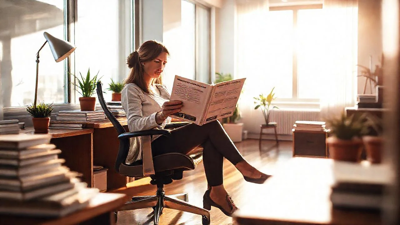 Una mujer lee en un despacho tranquilo