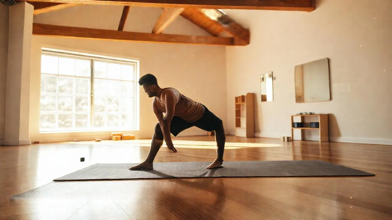 Un hombre practica yoga en luz cálida