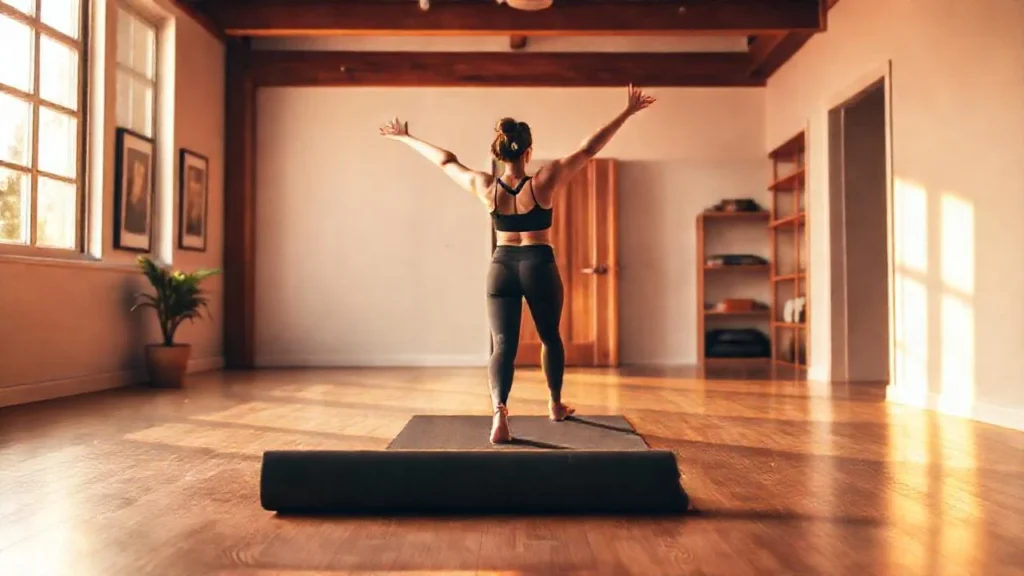 Una mujer practica yoga en luz cálida