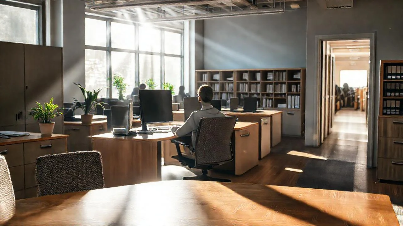Oficina luminosa, ordenada y tranquila