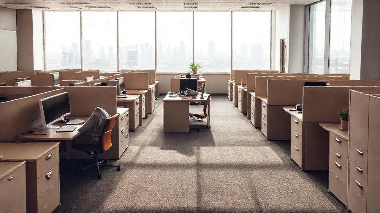 Oficina tranquila, luz difusa, quietud urbana