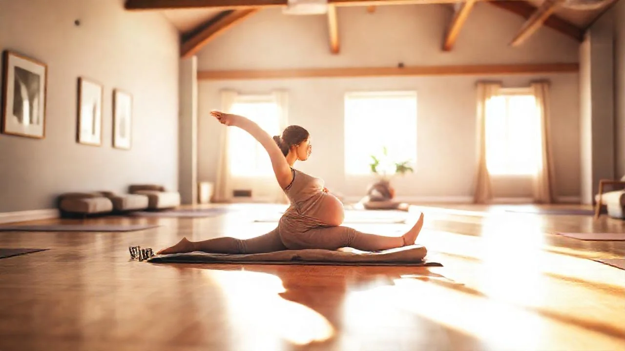 Mujer embarazada medita en luz tenue