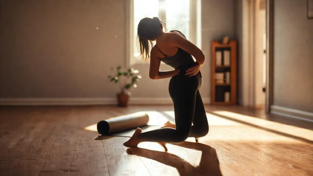 Mujer en yoga, luz cálida y serena